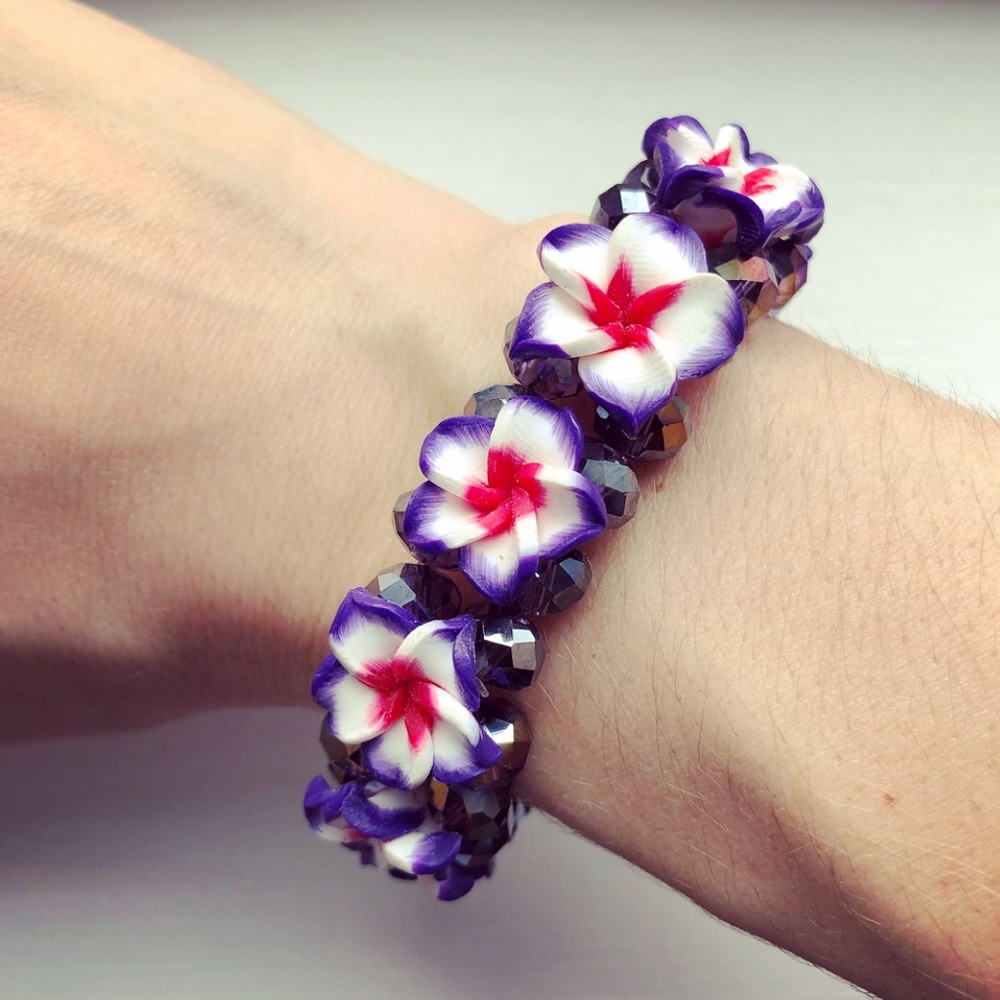 Pink & purple beaded Plumeria flower bracelet